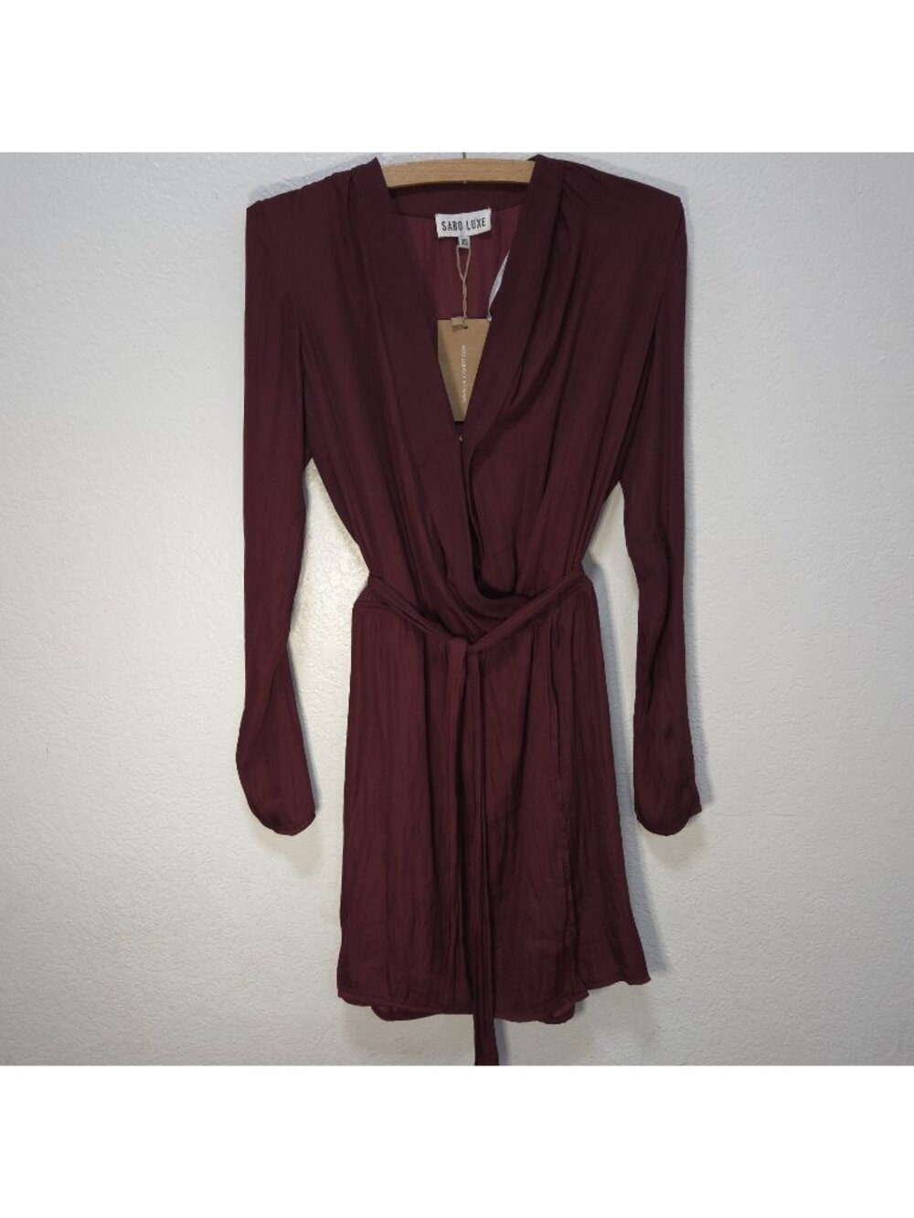 Sabo Luxe Wine Color Split Neckline Tie Belt Long Sleeve Midi Shirt Dress SizeXS